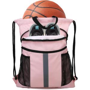 BeeGreen Drawstring Backpack Bag with Shoe Compartment, X-Large Black Gym Sports String Cinch Backpack(Pink)