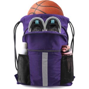 BeeGreen Drawstring Backpack Bag with Shoe Compartment, X-Large Black Gym Sports String Cinch Backpack(Purple)