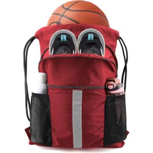 BeeGreen Drawstring Backpack Bag with Shoe Compartment, X-Large Black Gym Sports String Cinch Backpack(Red)