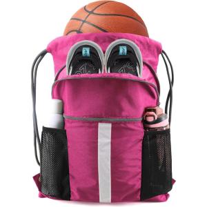 BeeGreen Drawstring Backpack Bag with Shoe Compartment, X-Large Black Gym Sports String Cinch Backpack(Rose Red)