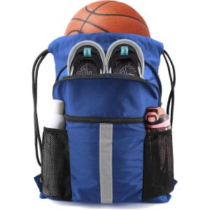 BeeGreen Drawstring Backpack Bag with Shoe Compartment, X-Large Black Gym Sports String Cinch Backpack(Royal Blue)