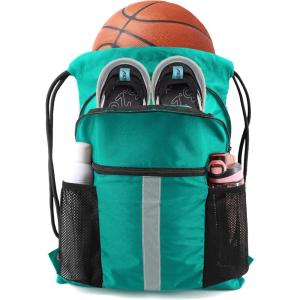 BeeGreen Drawstring Backpack Bag with Shoe Compartment, X-Large Black Gym Sports String Cinch Backpack(Teal Blue)