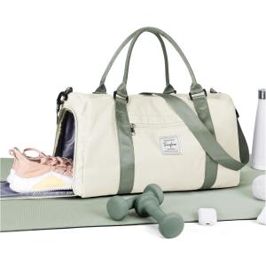 Gym Bag Womens,Travel Duffel Carry on Bag Sport Tote Bag Weekend Overnight Bag(A11-Beige with Green)