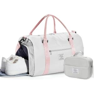 Gym Bag Womens,Travel Duffel Carry on Bag Sport Tote Bag Weekend Overnight Bag(B6-Grey Pink(With Toiletry Bag))