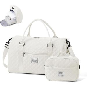 Gym Bag Womens,Travel Duffel Carry on Bag Sport Tote Bag Weekend Overnight Bag(C5-Grid-Beige(With Toiletry Bag))