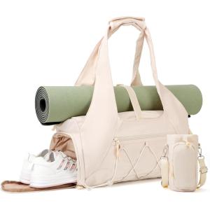 Gym Bag for Women, Yoga Mat Bag with Shoe Compartment and Wet Pocket, Sport Yoga Gym Bag with Yoga Strap, Carryall Yoga Tote Bag(Beige)