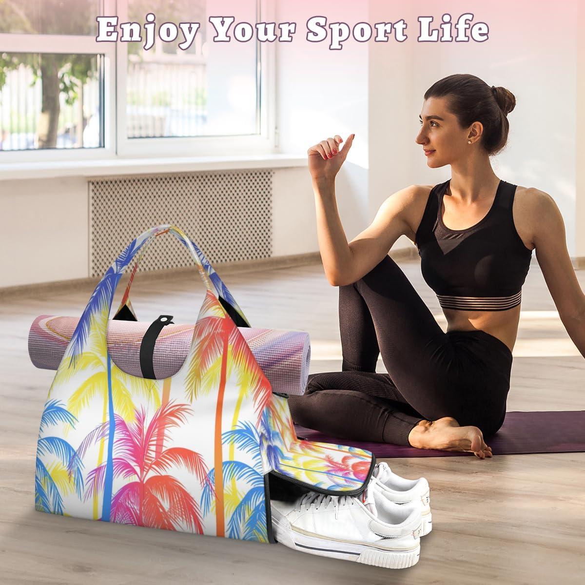 imageColorful Abstract Palm Yoga Gym Bag for Women Men with Shoe Compartment Yoga Mat Bag Large Duffel Bag Sport Tote for Travel Pilates Workout Beach Office