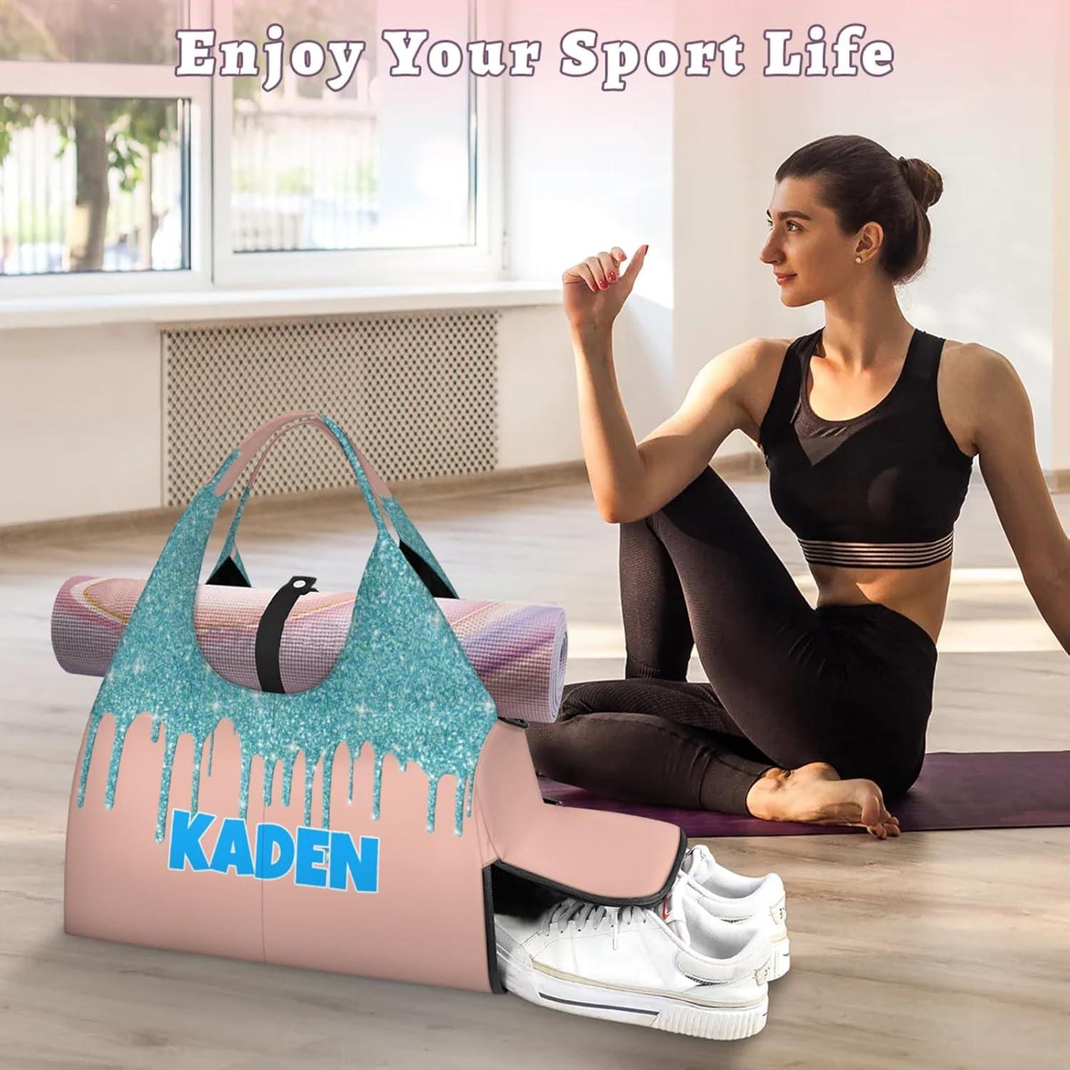 imagePersonalized Yoga Mat Bag with Name Shoe Compartment Water Fluid Glittering Travel Tote Sport Gym Duffel BagBlue Light Salmon