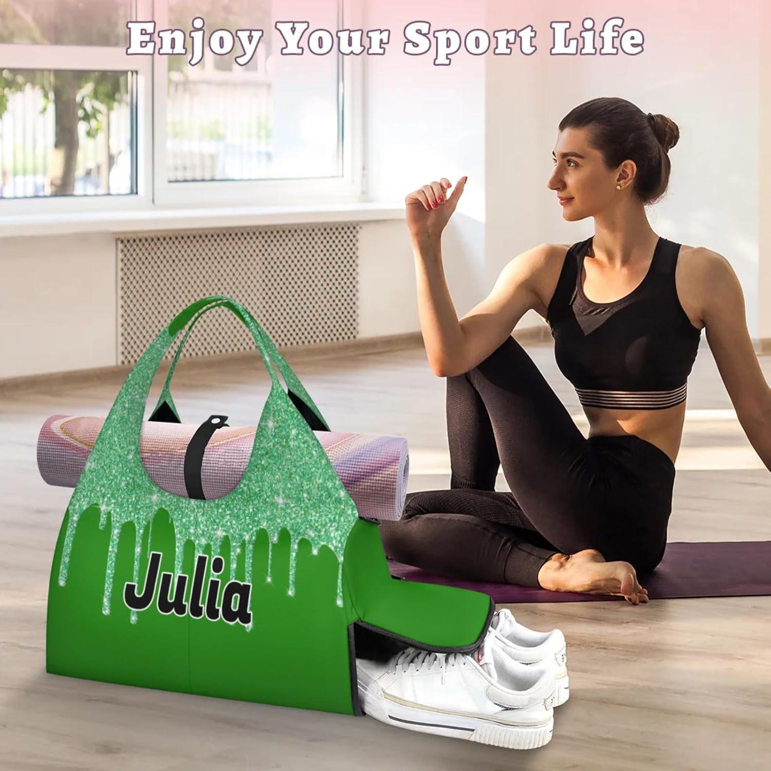 imagePersonalized Yoga Mat Bag with Name Shoe Compartment Water Fluid Glittering Travel Tote Sport Gym Duffel BagForest Green