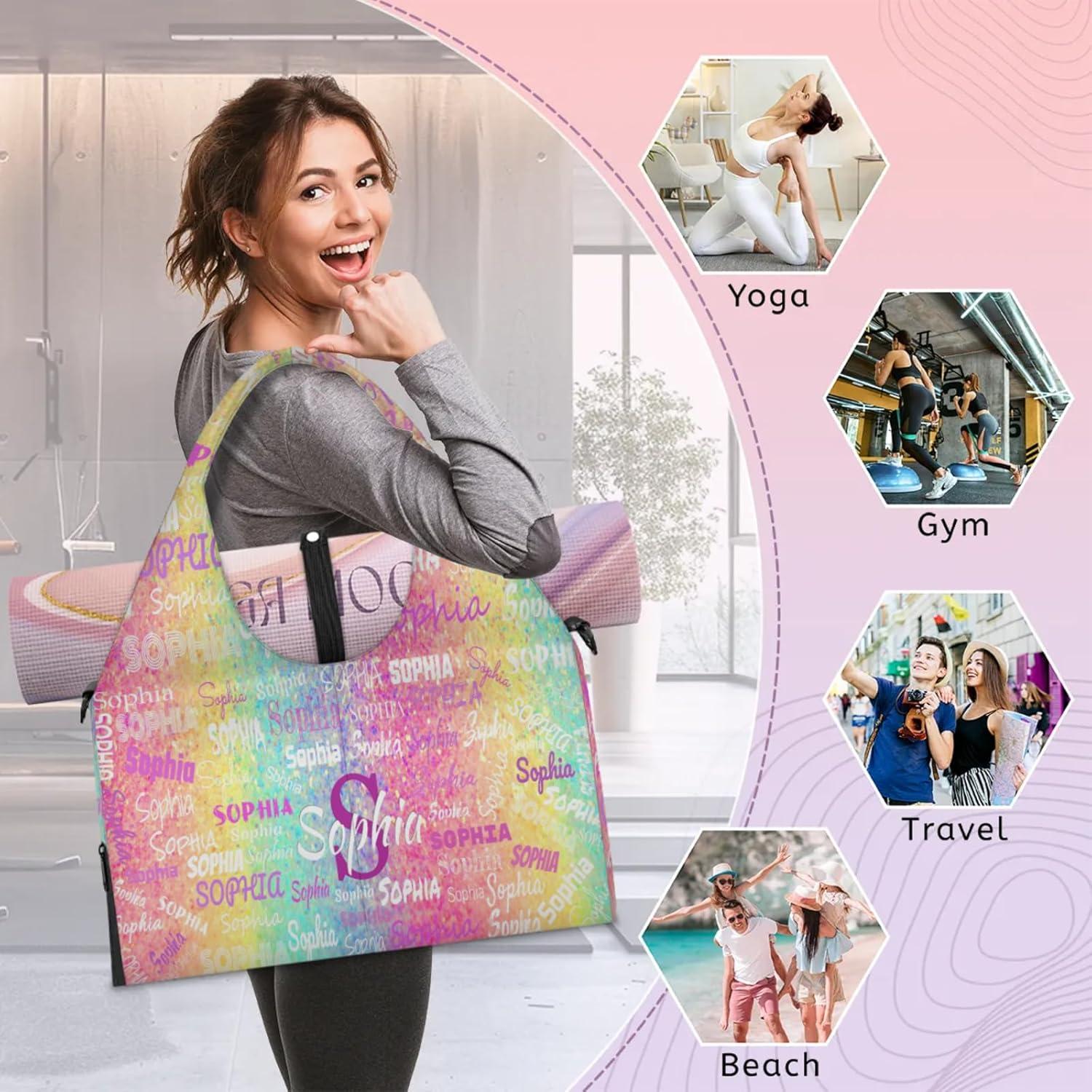 imageKFNHN Personalized Yoga Mat Bag with Shoe Compartment Initial Letter Name Travel Weekender Tote Sport Gym Duffel BagColorful