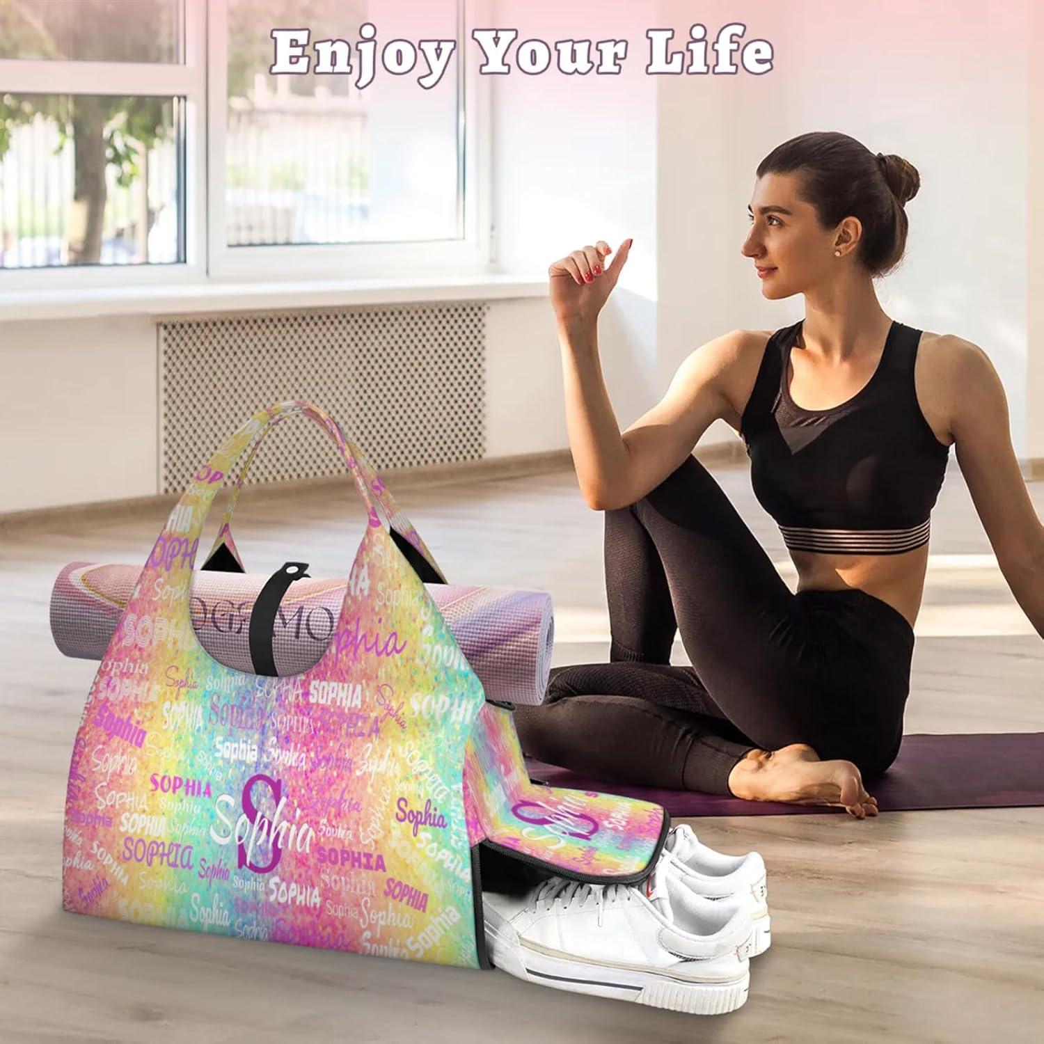 imageKFNHN Personalized Yoga Mat Bag with Shoe Compartment Initial Letter Name Travel Weekender Tote Sport Gym Duffel BagColorful