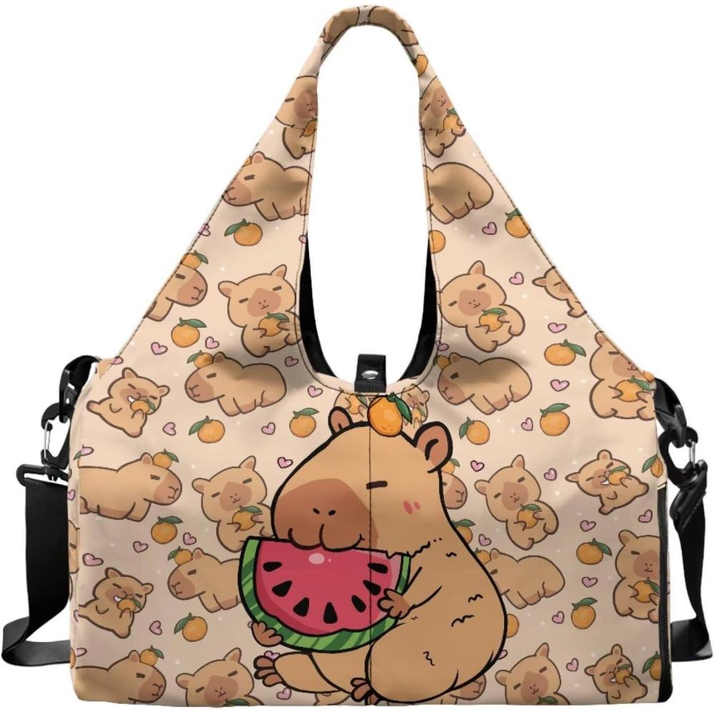imagePzuqiu Halloween Ghost Yoga Gym Bag for Women MenWaterproof Travel Sports Duffle Shoudler Bag with Shoe Compartment Yoga StrapsWatermelon Capybara