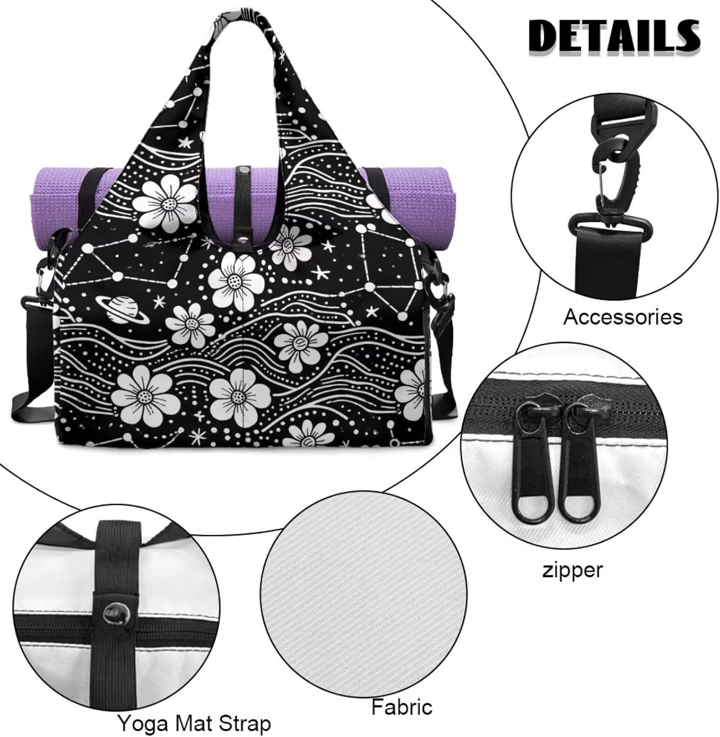 imageJolamirel Daisy Flower Yoga Gym Bags for Women with Yoga Mat Holder Geometric Art Duffel Bag with Shoe Compartment for SportsDaisy Flower