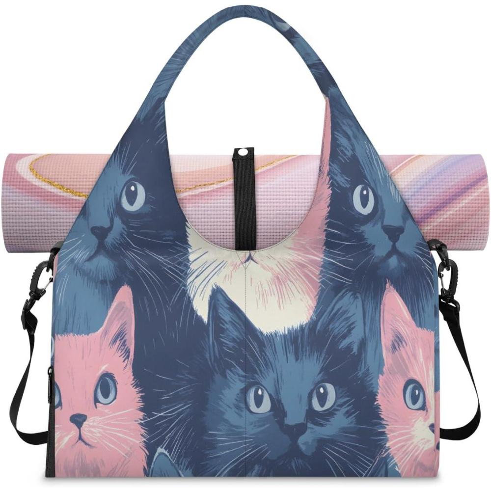 imageYoga Mat Bag for Women Men Canvas Gym Tote Carrier Easily Take In Out Yoga Mat Carrier Sport DuffleBlack Pink Cats