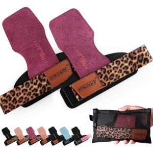 Frelaxy Lifting Wrist Straps Women and Men, Weight Lifting Grips with Cushion Wrist Loop, Double Layer Leather and Storage Pouch, Gym Workout Straps for Deadlift and Powerlifting(Purple/Leopard)