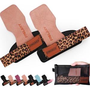Frelaxy Lifting Wrist Straps Women and Men, Weight Lifting Grips with Cushion Wrist Loop, Double Layer Leather and Storage Pouch, Gym Workout Straps for Deadlift and Powerlifting(Pink/Leopard)
