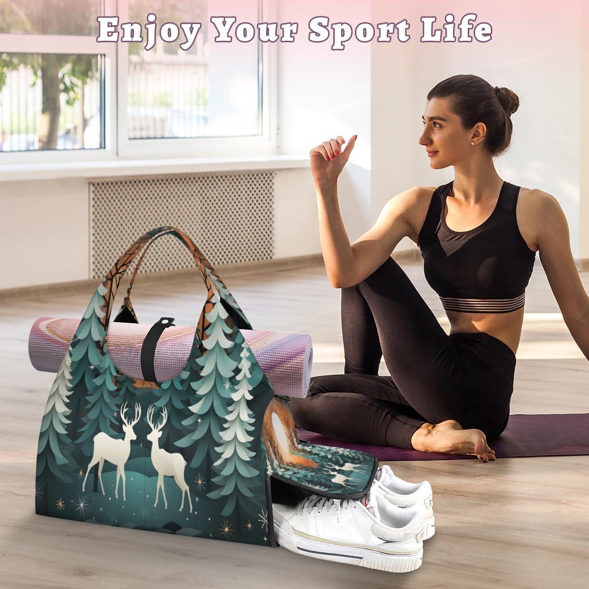 imageElk Deep Forest Silhouette Yoga Gym Bag for Women Men with Shoe Compartment Yoga Mat Bag Large Duffel Bag Sport Tote for Travel Pilates Workout Beach Office