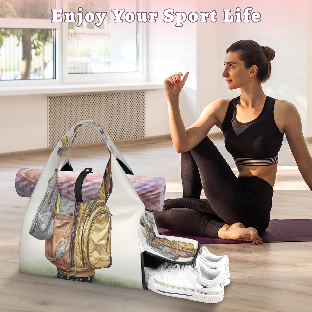image:imageGolf Club Bag Vintage Yoga Gym Bag for Women Men with Shoe Compartment Yoga Mat Bag Large Duffel Bag Sport Tote for Travel Pilates Workout Beach Office
