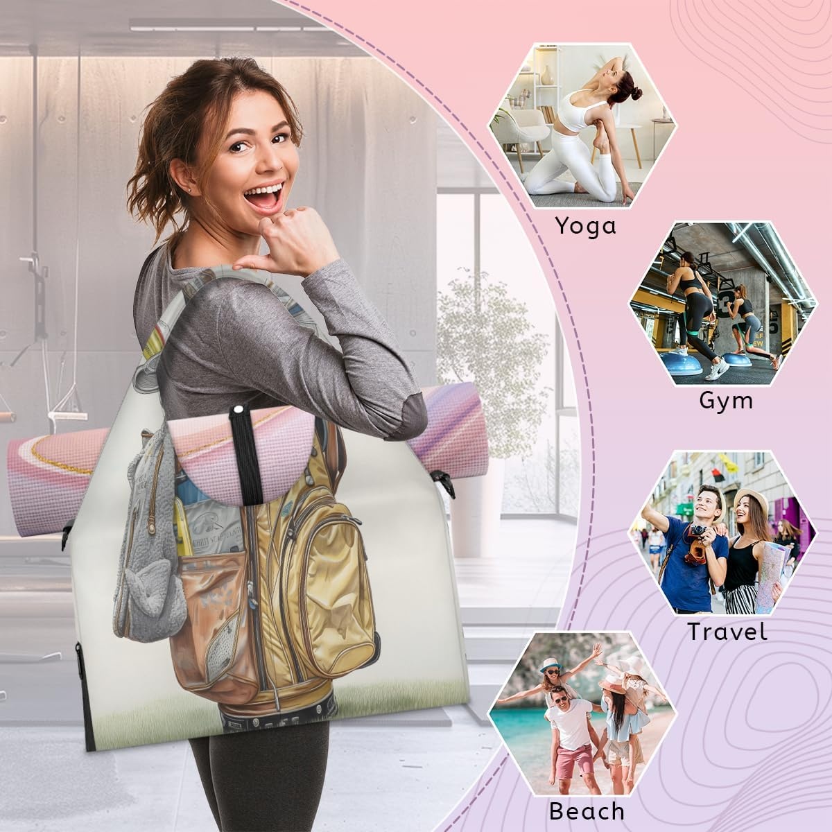 image:imageGolf Club Bag Vintage Yoga Gym Bag for Women Men with Shoe Compartment Yoga Mat Bag Large Duffel Bag Sport Tote for Travel Pilates Workout Beach Office