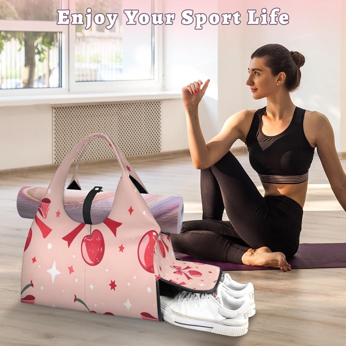 image:imageStars Cherries Yoga Gym Bag for Women Men with Shoe Compartment Yoga Mat Bag Large Duffel Bag Sport Tote for Travel Pilates Workout Beach Office