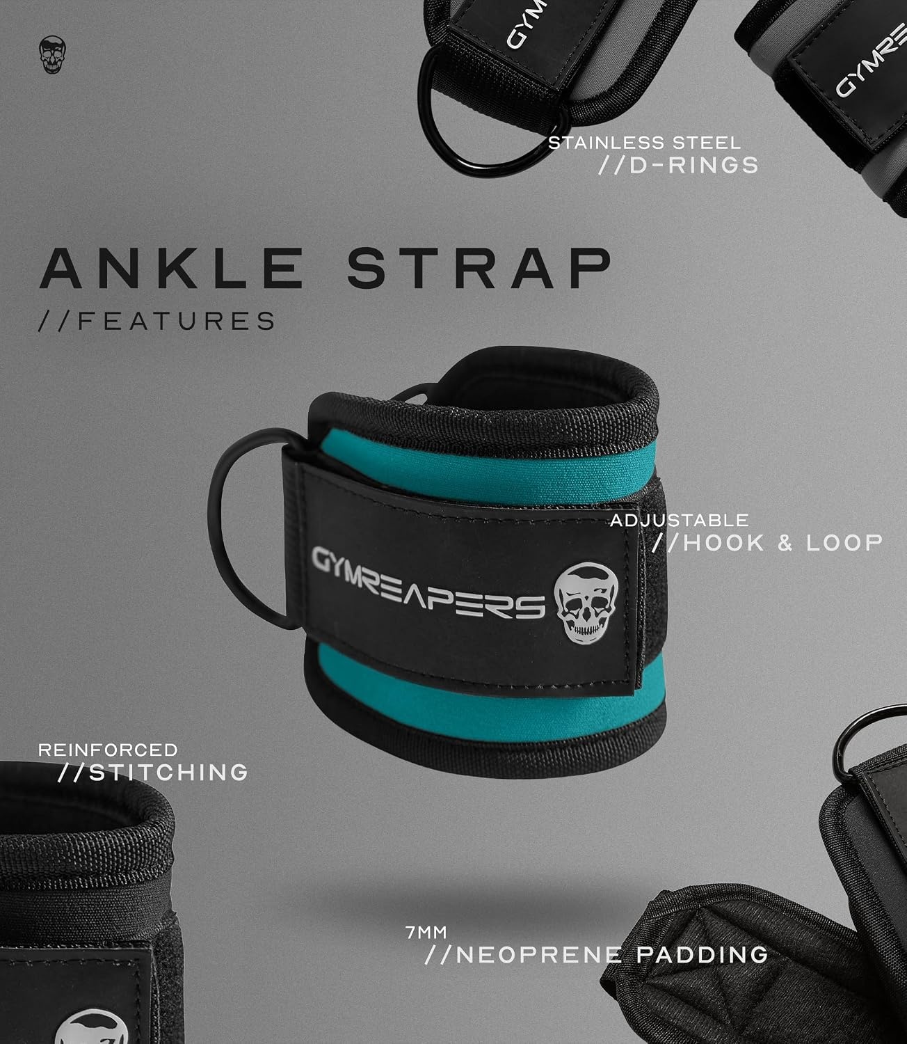 image:imageGymreapers Ankle Straps For Cable Machine Kickbacks Glute Workouts Lower Body Exercises Adjustable Leg Straps with Neoprene PaddingCyan