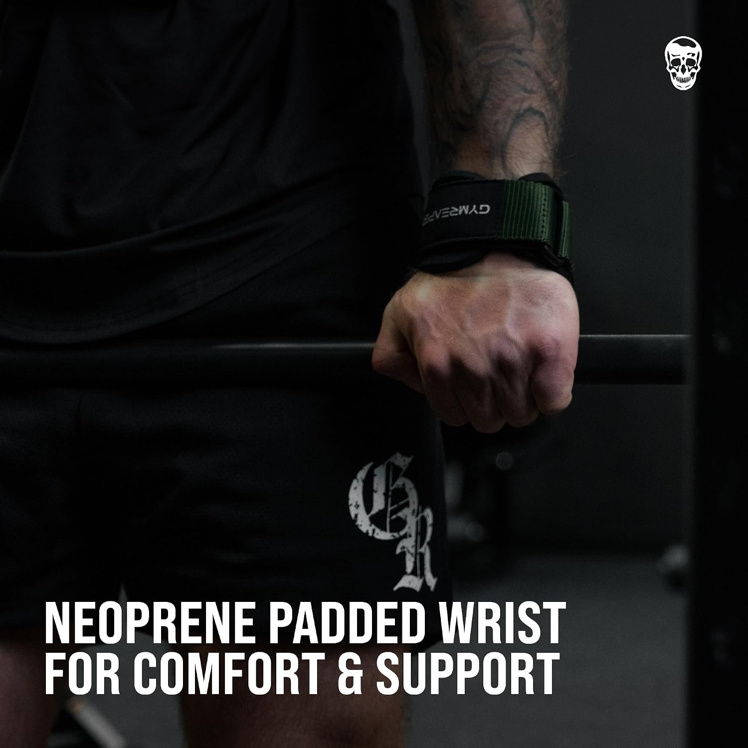 image:imageGymreapers Weight Lifting Grips Pair for Heavy Powerlifting Deadlifts Rows Pull Ups with Neoprene Padded Wrist Wraps Support and Strong Rubber Gloves or Straps for BodybuildingRanger Green