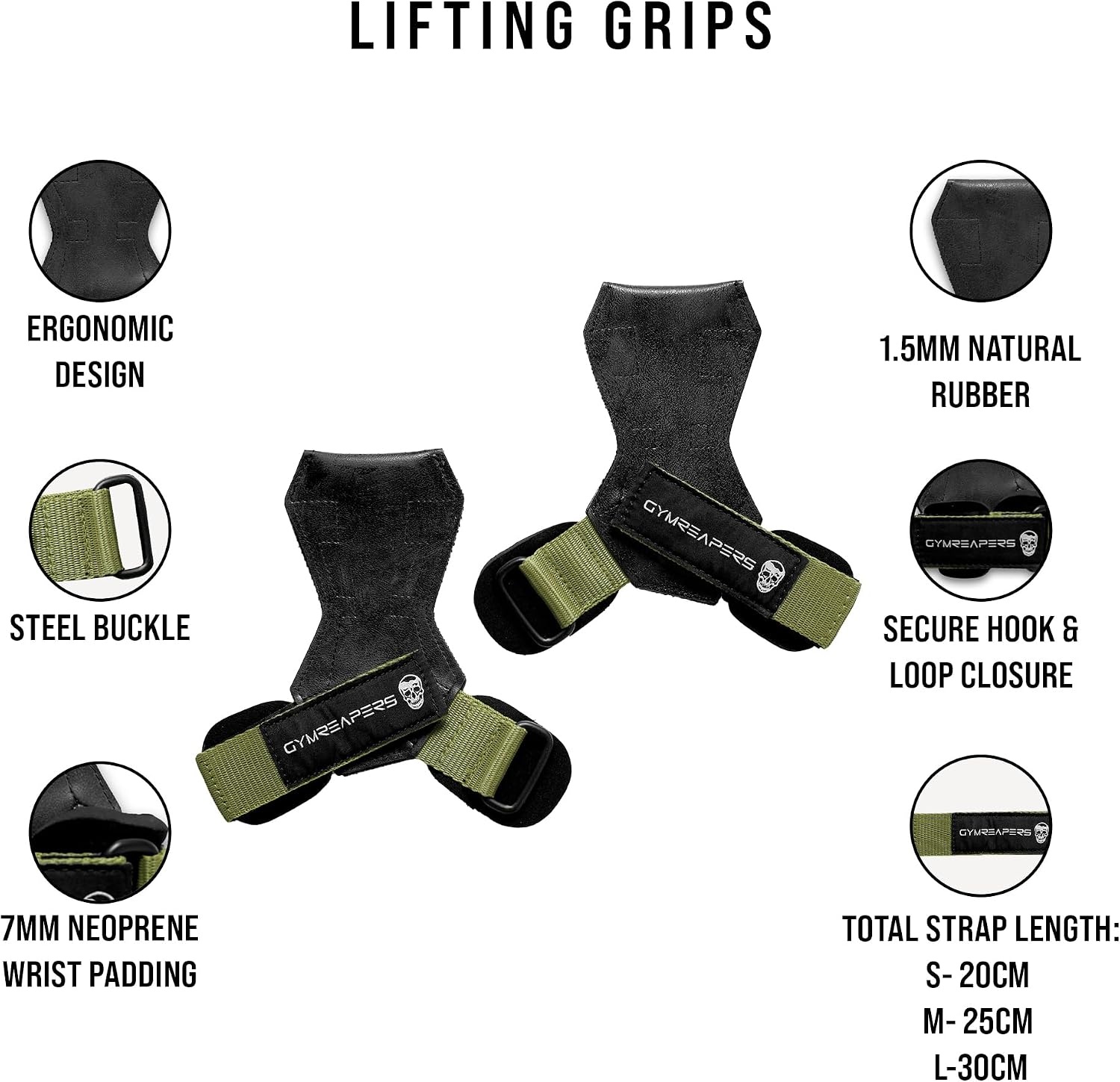image:imageGymreapers Weight Lifting Grips Pair for Heavy Powerlifting Deadlifts Rows Pull Ups with Neoprene Padded Wrist Wraps Support and Strong Rubber Gloves or Straps for BodybuildingRanger Green
