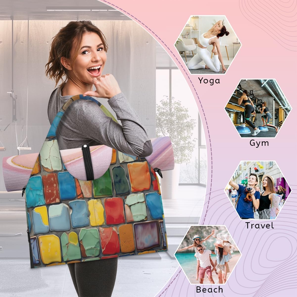 image:imageColorful Wall Tile Yoga Gym Bag for Women Men with Shoe Compartment Yoga Mat Bag Large Duffel Bag Sport Tote for Travel Pilates Workout Beach Office