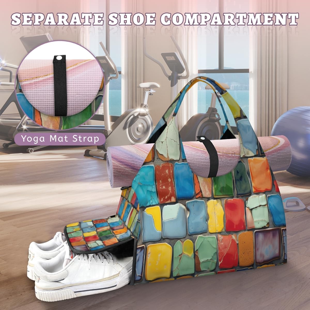 image:imageColorful Wall Tile Yoga Gym Bag for Women Men with Shoe Compartment Yoga Mat Bag Large Duffel Bag Sport Tote for Travel Pilates Workout Beach Office