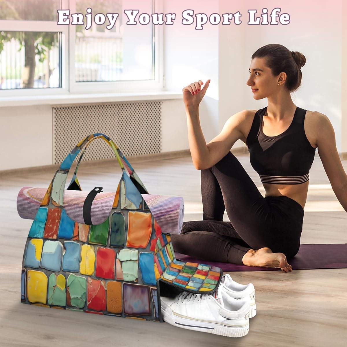 image:imageColorful Wall Tile Yoga Gym Bag for Women Men with Shoe Compartment Yoga Mat Bag Large Duffel Bag Sport Tote for Travel Pilates Workout Beach Office