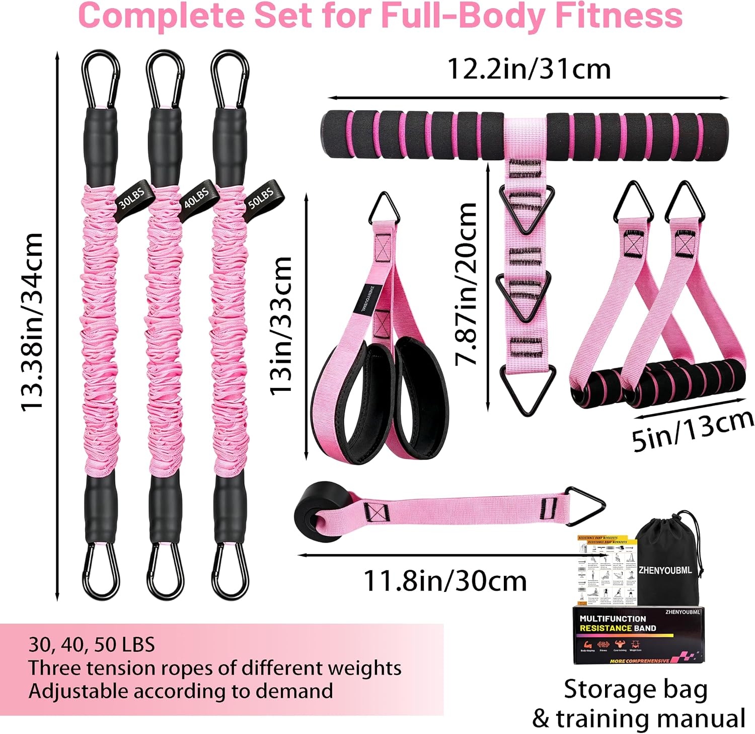 image:image10PCS Pedal Resistance Band with Handle 304050LBS Door Anchor KitPINK