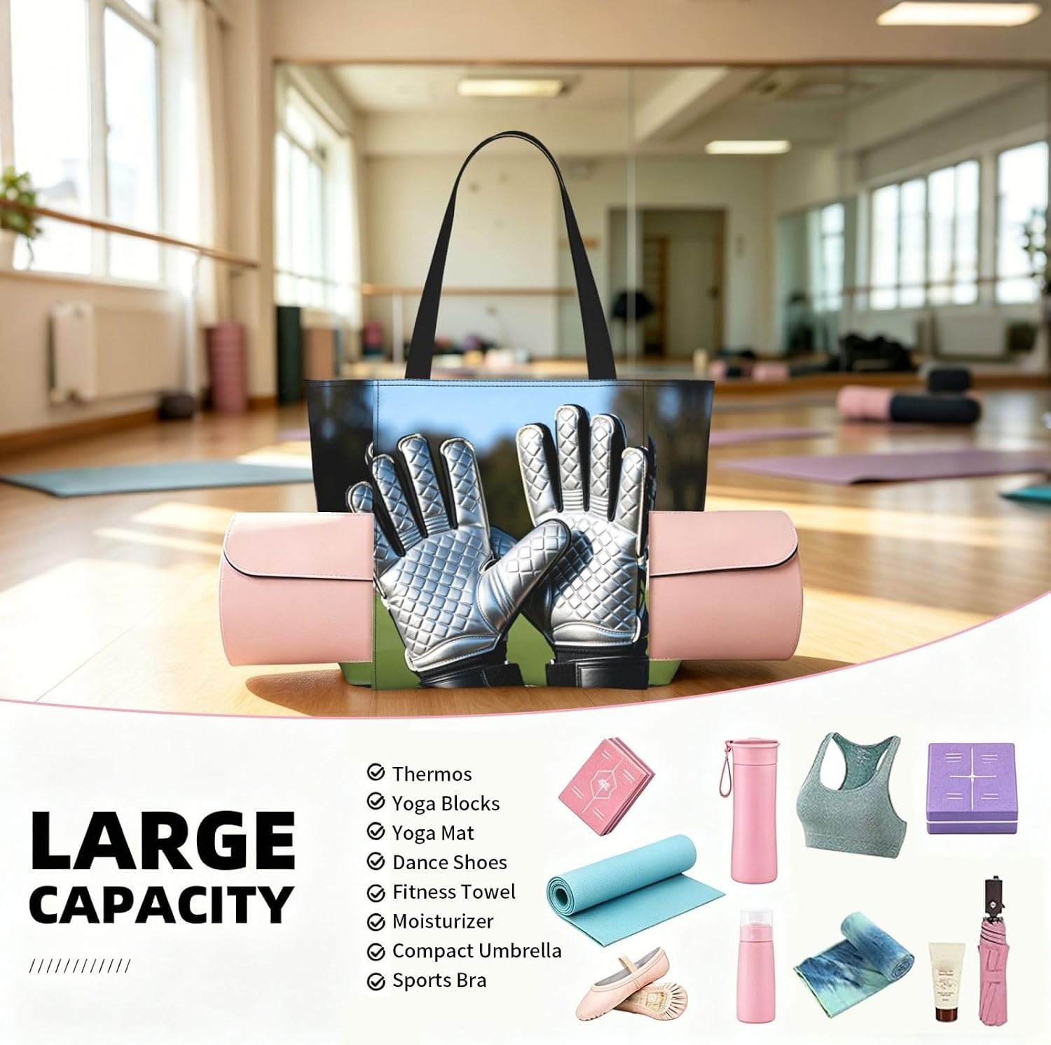 image:imageGoalie Gloves Pair WomenS Yoga BagLarge Gym Tote With Yoga Mat Holder Lightweight Shoulder Bag For Workout Travel Beach