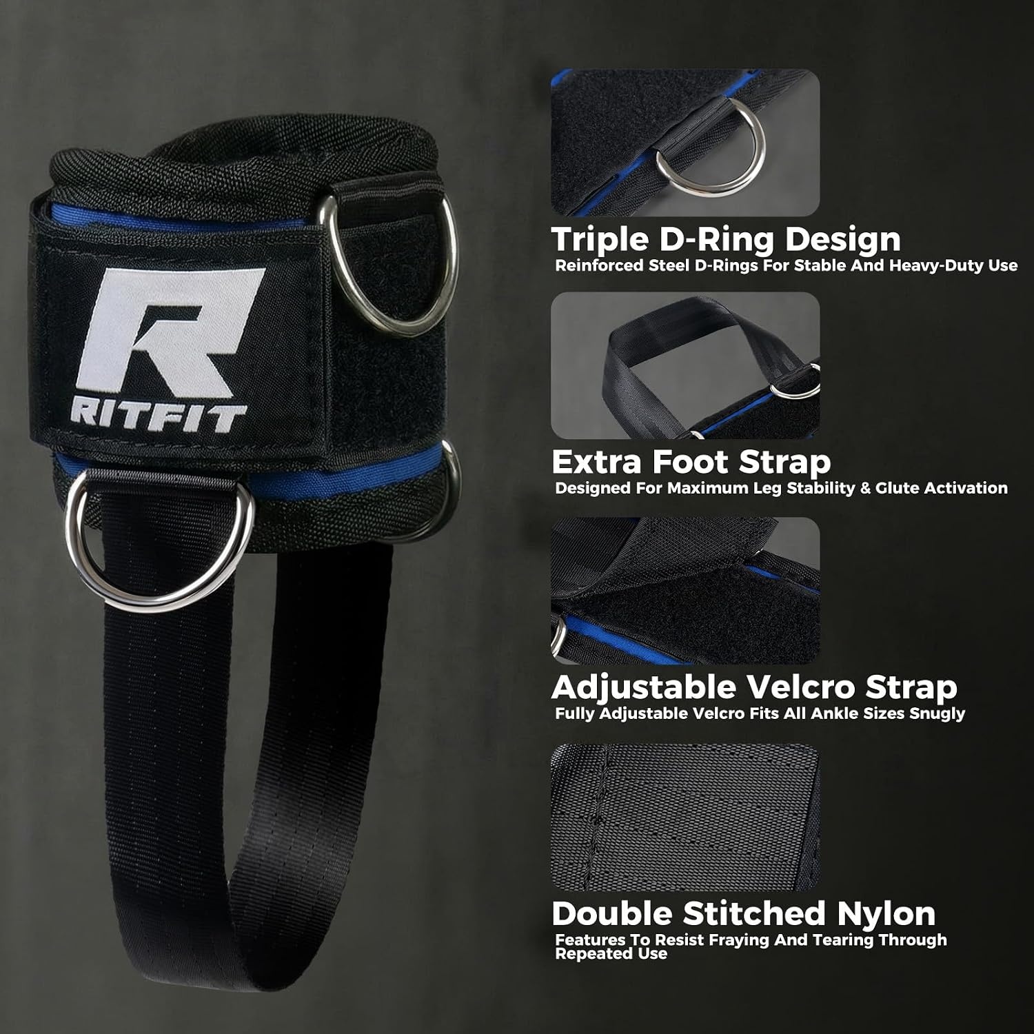image:imageRitFit Kickback Ankle Straps Padded Ankle Strap for Cable MachineStrong Hook and LoopReinforced 3 DRing Adjustable Comfort fit Neoprene Premium Ankle Cuffs to Enhance Abs Glute amp Leg WorkoutsBlue