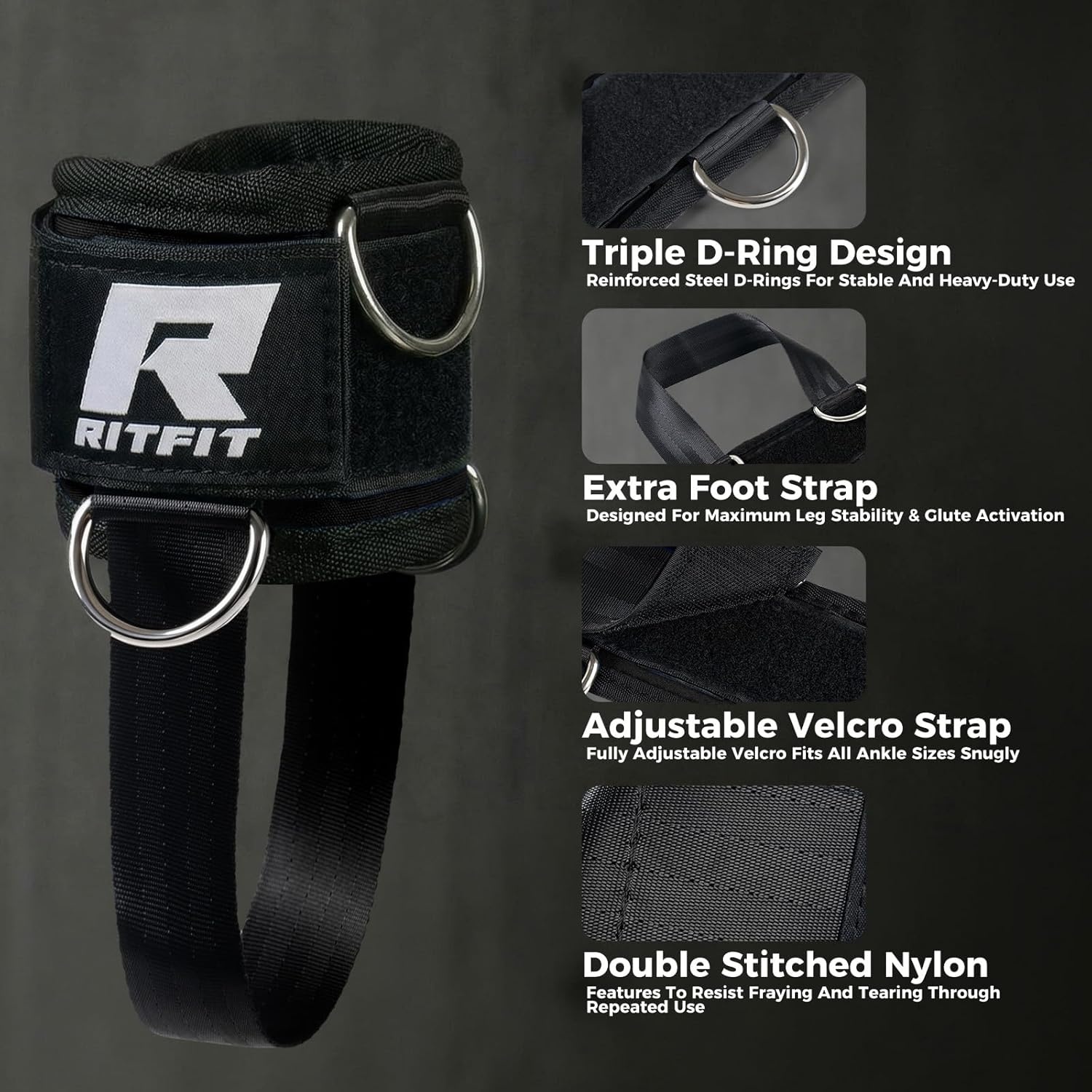 image:imageRitFit Kickback Ankle Straps Padded Ankle Strap for Cable MachineStrong Hook and LoopReinforced 3 DRing Adjustable Comfort fit Neoprene Premium Ankle Cuffs to Enhance Abs Glute amp Leg WorkoutsBlack