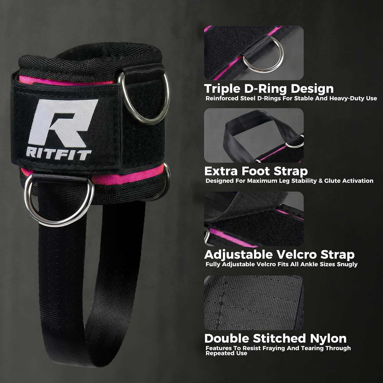 image:imageRitFit Kickback Ankle Straps Padded Ankle Strap for Cable MachineStrong Hook and LoopReinforced 3 DRing Adjustable Comfort fit Neoprene Premium Ankle Cuffs to Enhance Abs Glute amp Leg WorkoutsPink
