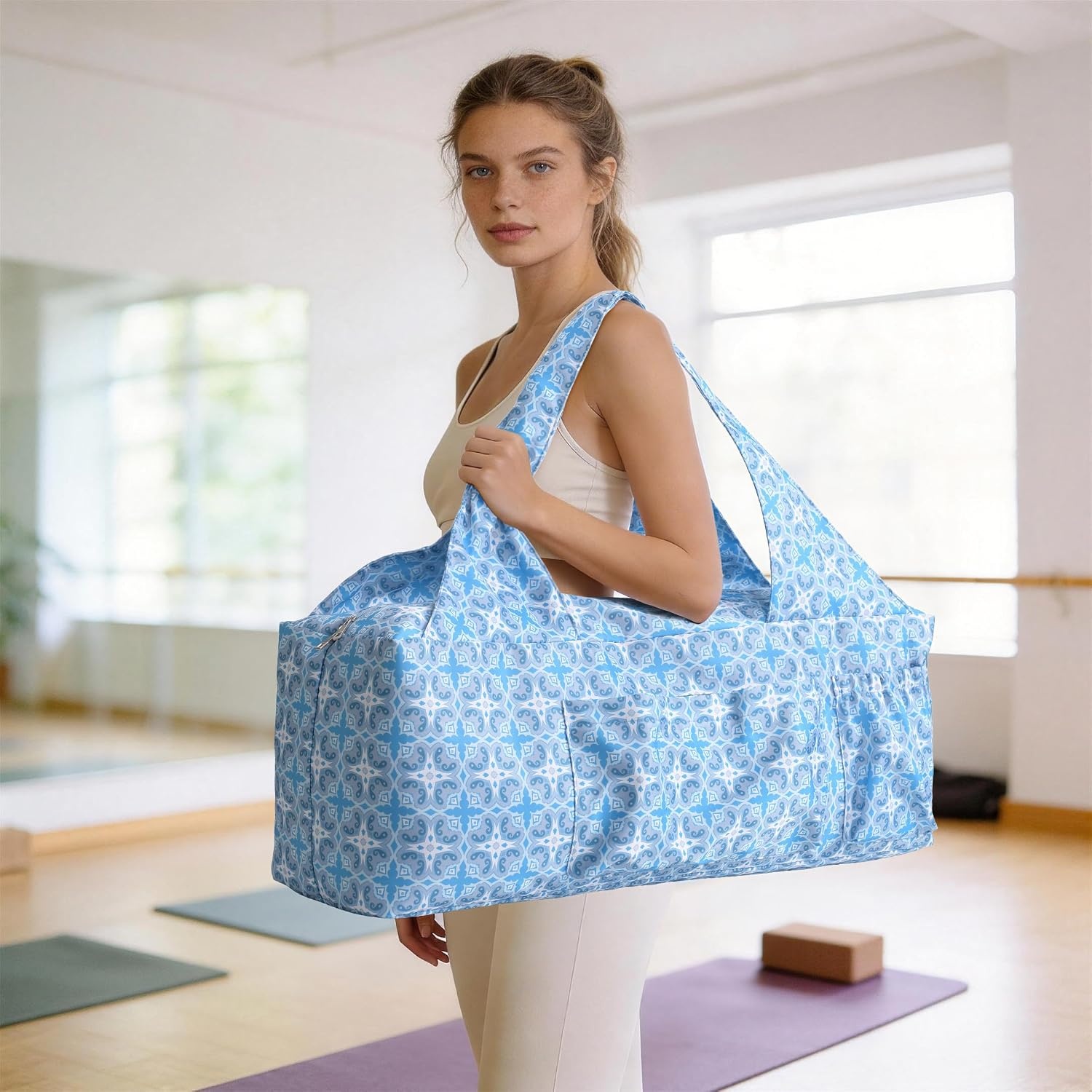 image:imageBOULDER BEE Yoga Mat Bag with Wet Pocket Large Yoga Mat Carrier Fits All Your Stuff Personalized Yoga Gifts Gym Tote Bag for WomenBlue