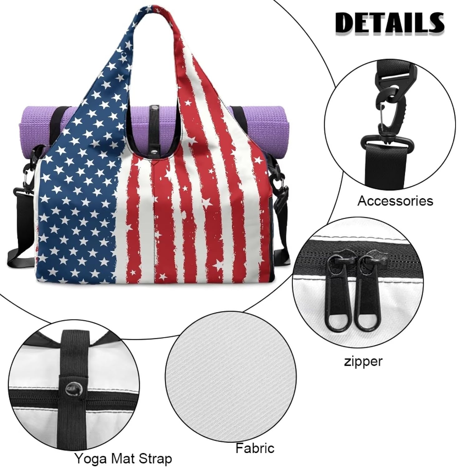 image:imageGym Bag with Shoe Compartment for Women Men Large Capacity Yoga Mat Bag Fashion Workout Travel Yoga Mat HolderAmerican Flag