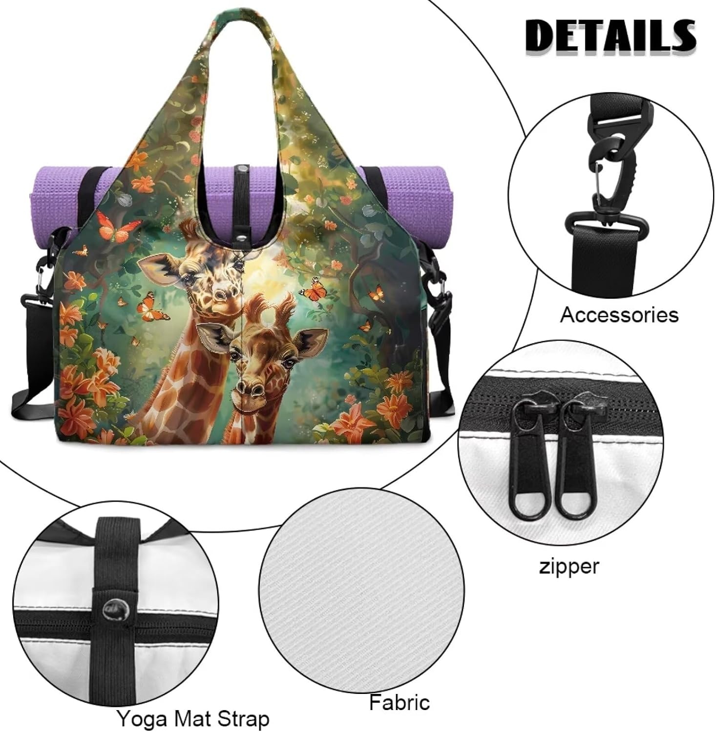 image:imageGym Bag with Shoe Compartment for Women Men Large Capacity Yoga Mat Bag Fashion Workout Travel Yoga Mat HolderCute Giraffe