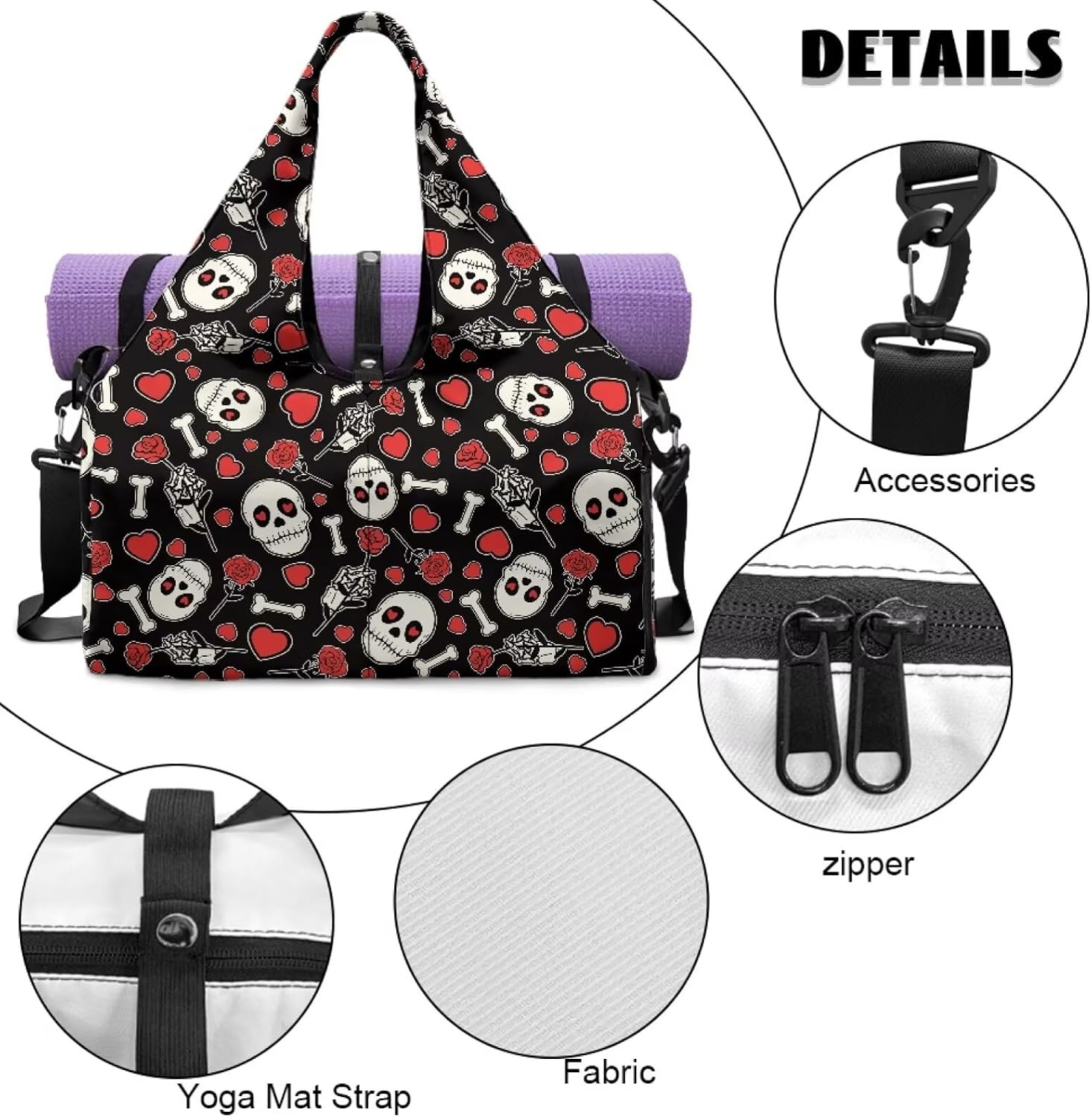image:imageGym Bag with Shoe Compartment for Women Men Large Capacity Yoga Mat Bag Fashion Workout Travel Yoga Mat HolderHeart Skull