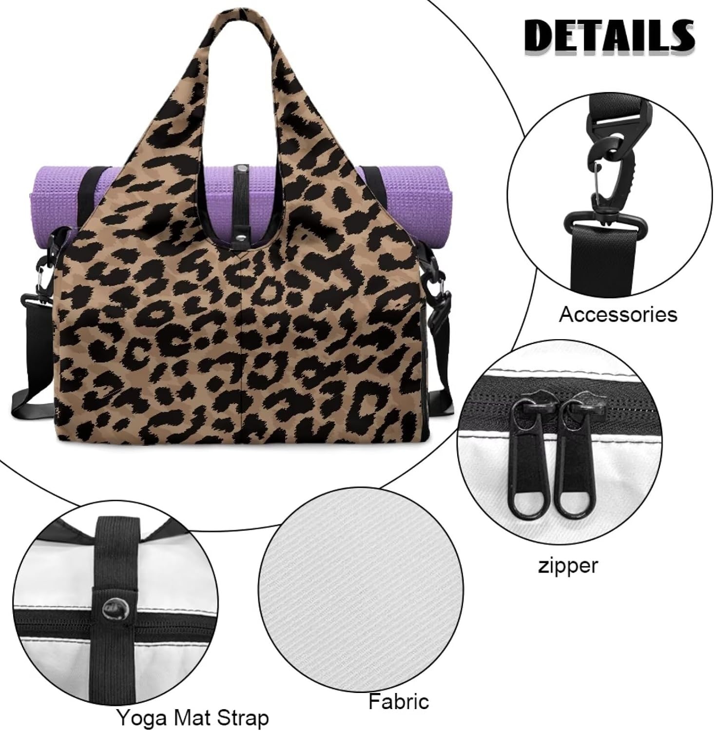 image:imageGym Bag with Shoe Compartment for Women Men Large Capacity Yoga Mat Bag Fashion Workout Travel Yoga Mat HolderLeopard Print