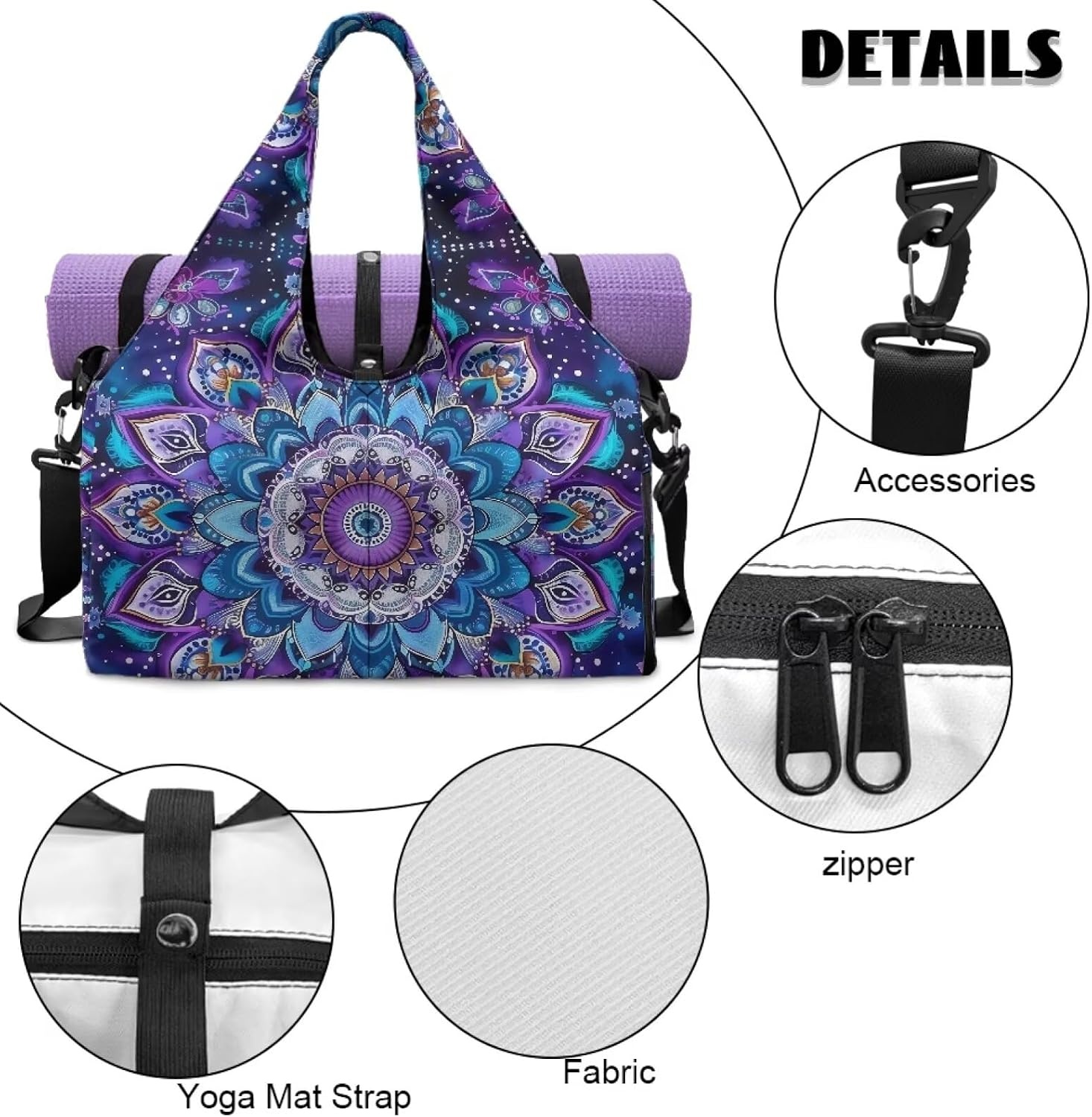 image:imageGym Bag with Shoe Compartment for Women Men Large Capacity Yoga Mat Bag Fashion Workout Travel Yoga Mat HolderMandala Lotus