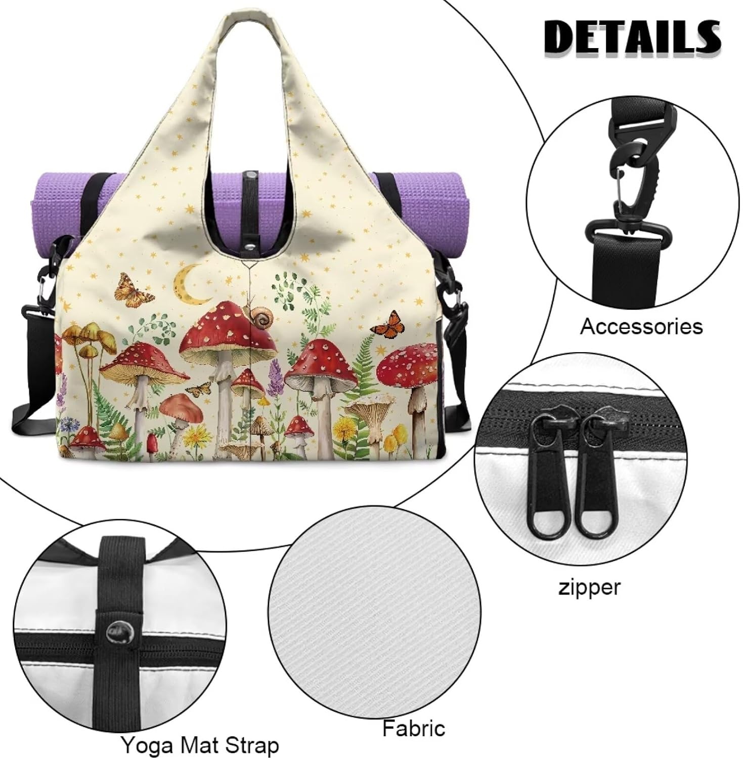 image:imageGym Bag with Shoe Compartment for Women Men Large Capacity Yoga Mat Bag Fashion Workout Travel Yoga Mat HolderMushroom Print