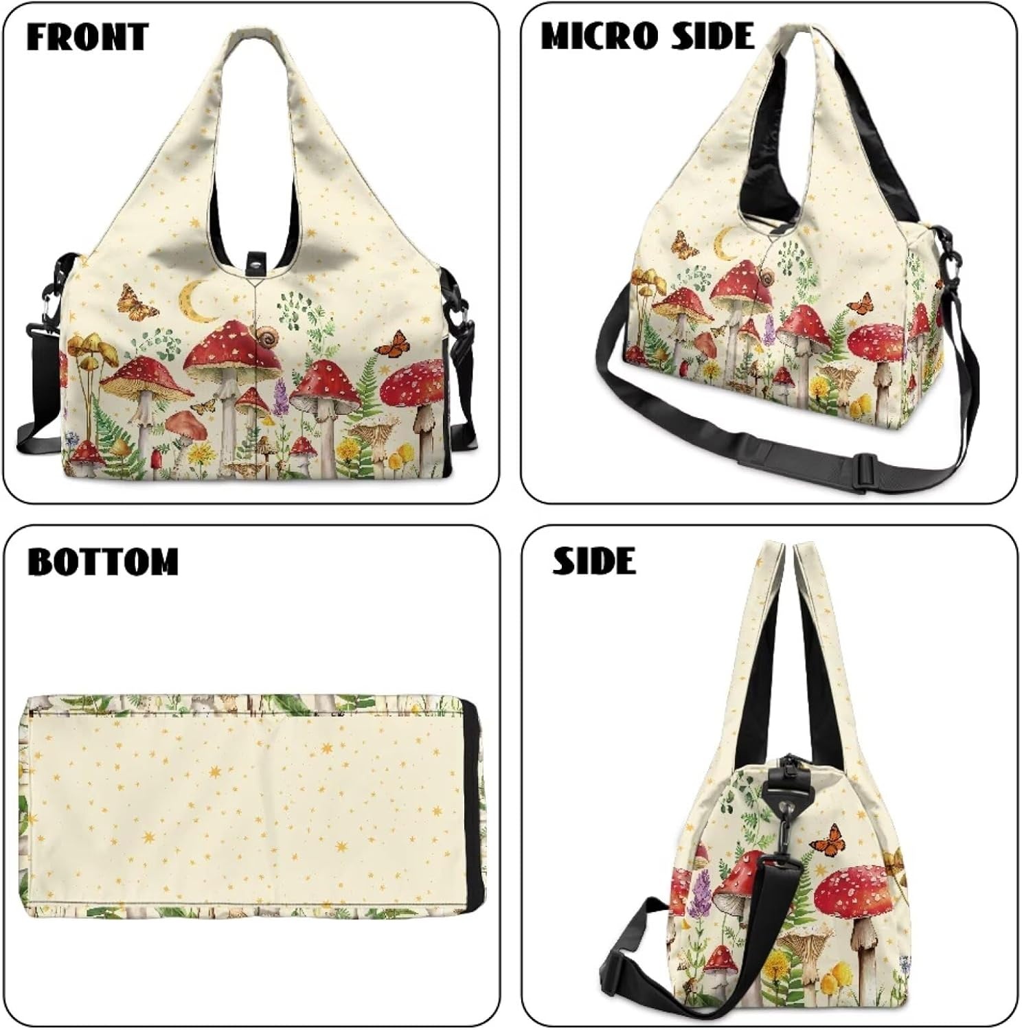 image:imageGym Bag with Shoe Compartment for Women Men Large Capacity Yoga Mat Bag Fashion Workout Travel Yoga Mat HolderMushroom Print