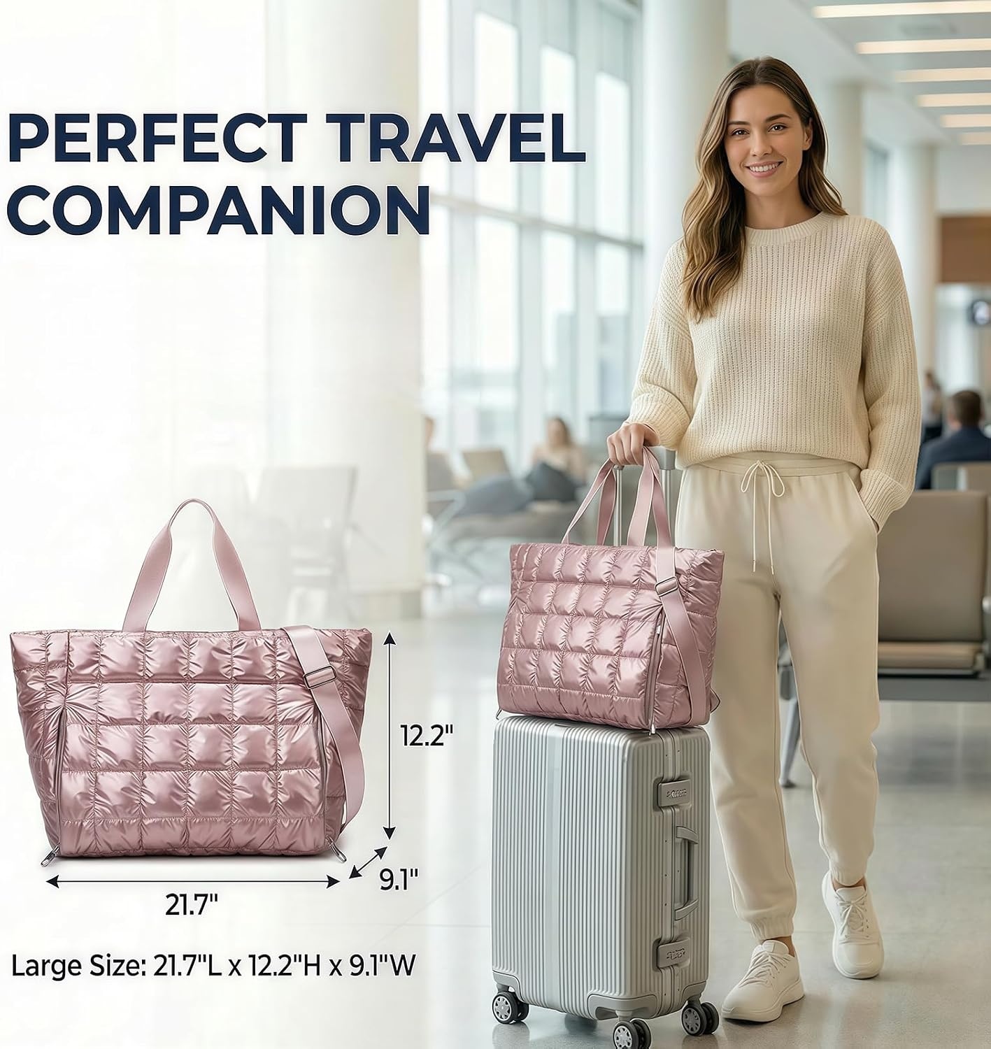 image:imageLarge Tote Bag for Women Lightweight Travel Tote Handbags Puffer Tote Bag with Zipper Yoga Bags Quilted Work Bag3256 Pink