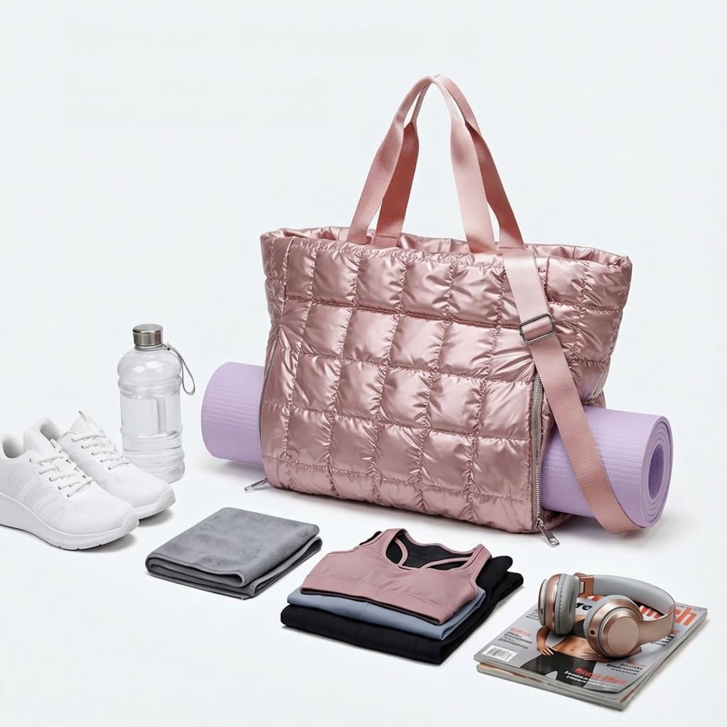 image:imageLarge Tote Bag for Women Lightweight Travel Tote Handbags Puffer Tote Bag with Zipper Yoga Bags Quilted Work Bag3256 Pink