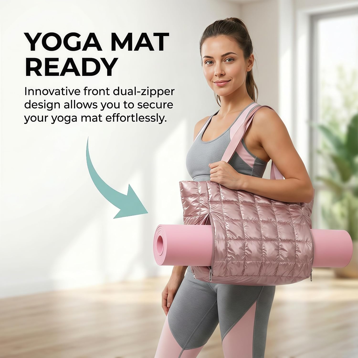 image:imageLarge Tote Bag for Women Lightweight Travel Tote Handbags Puffer Tote Bag with Zipper Yoga Bags Quilted Work Bag3256 Pink