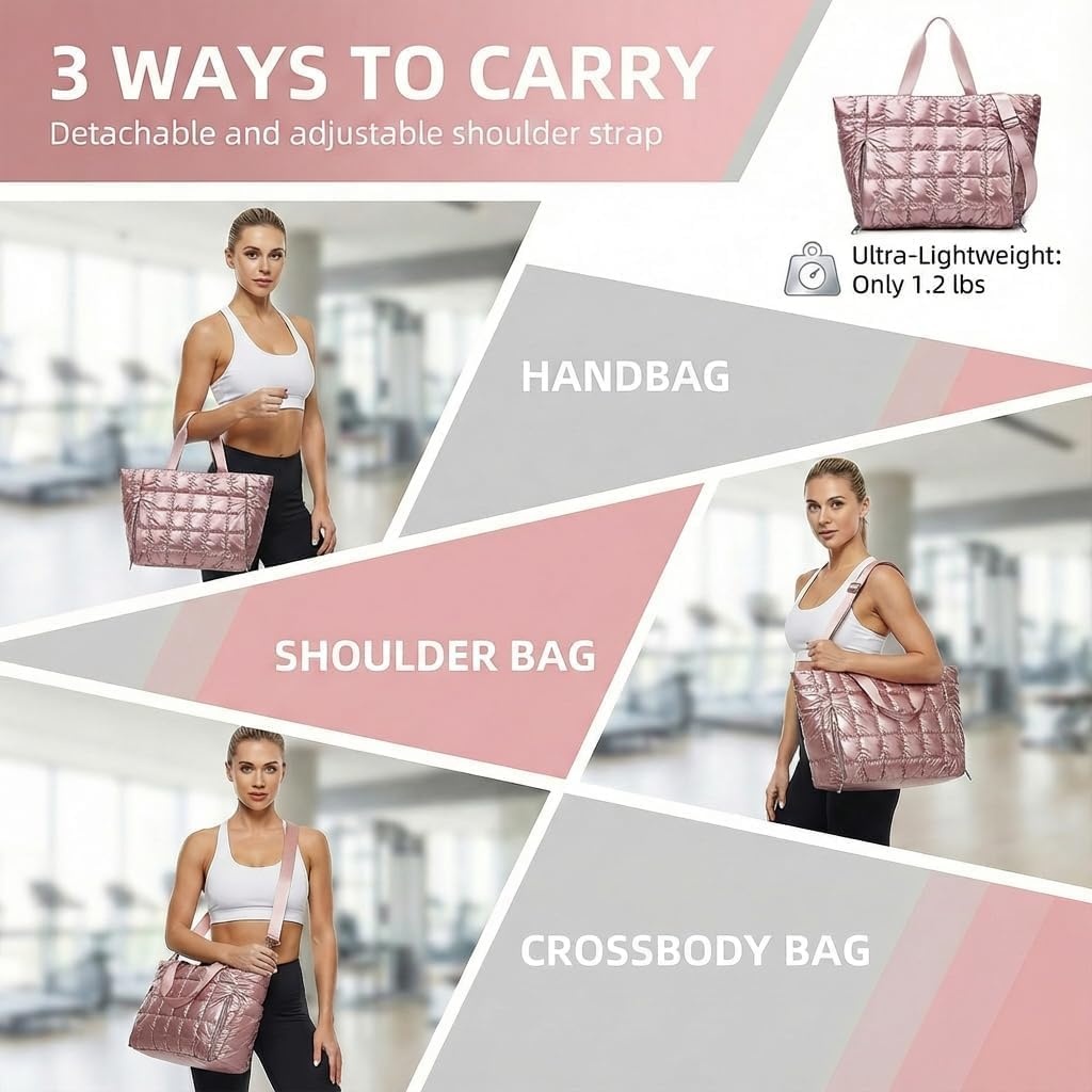 image:imageLarge Tote Bag for Women Lightweight Travel Tote Handbags Puffer Tote Bag with Zipper Yoga Bags Quilted Work Bag3256 Pink