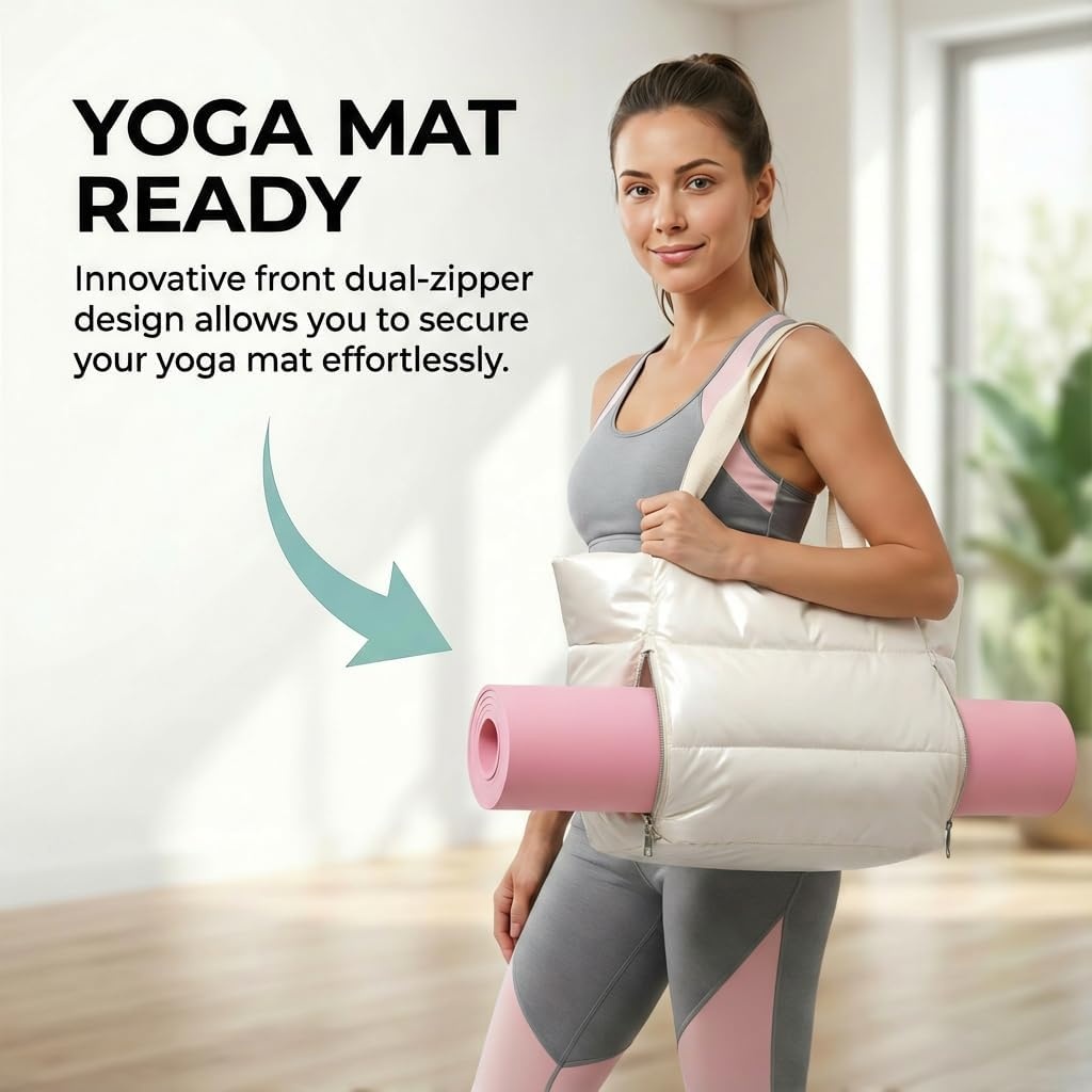 image:imageLarge Tote Bag for Women Lightweight Travel Tote Handbags Puffer Tote Bag with Zipper Yoga Bags Quilted Work BagBeige