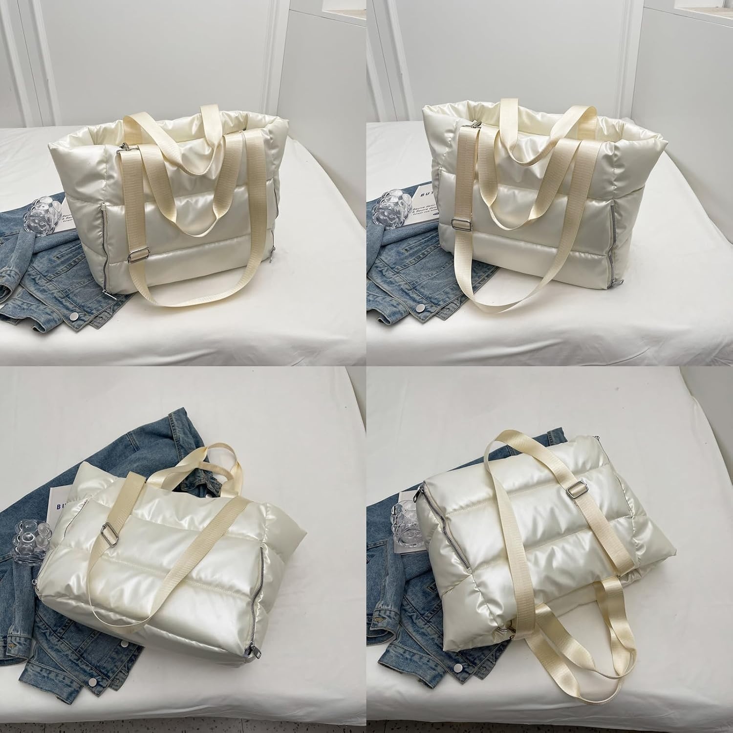 image:imageLarge Tote Bag for Women Lightweight Travel Tote Handbags Puffer Tote Bag with Zipper Yoga Bags Quilted Work BagBeige