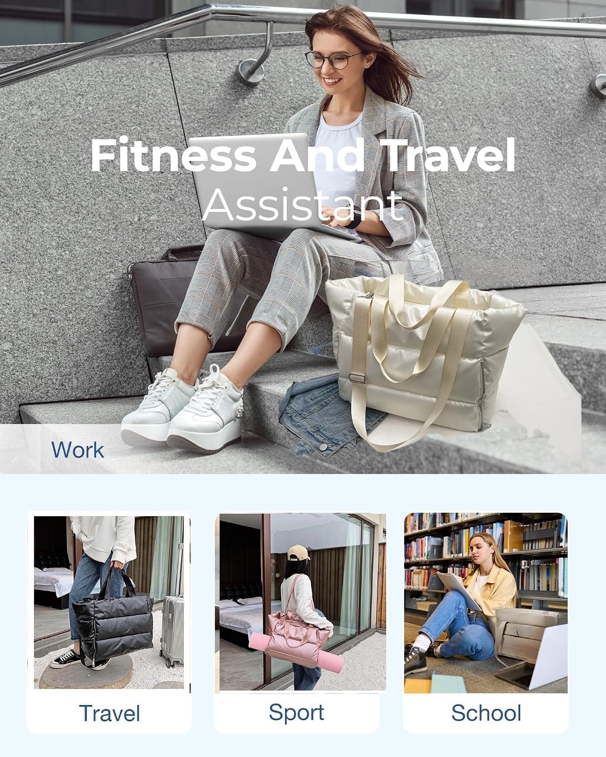 image:imageLarge Tote Bag for Women Lightweight Travel Tote Handbags Puffer Tote Bag with Zipper Yoga Bags Quilted Work BagBeige